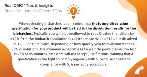When selecting biobatches, bear in mind that the future dissolution specification for your product will be tied to the dissolution results for the biobatches. Typically, you will not be allowed to set a Q value that differs by >10% from the biobatch dissolution result (the mean value of 12 units dissolved in 15, 30 or 45 minutes, depending on how quickly your formulation reaches 85% dissolution). The minimum acceptable Q for a single point dissolution test is 75% at 45 minutes. Assessors will not accept justifications claiming that a specification is too tight to comply regularly with S1 because consistent compliance with S2 is perfectly acceptable.