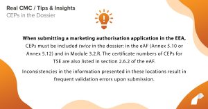 When submitting a marketing authorisation application in the EEA, CEPs must be included twice in the dossier: in the eAF (Annex 5.10 or Annex 5.12) and in Module 3.2.R. The certificate numbers of CEPs for TSE are also listed in section 2.6.2 of the eAF. Inconsistencies in the information presented in these locations result in frequent validation errors upon submission.