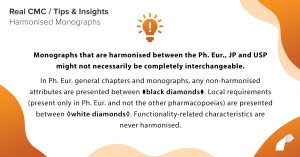 Monographs that are harmonised between the Ph. Eur., JP and USP might not necessarily be completely interchangeable. In Ph. Eur. general chapters and monographs, any non-harmonised attributes are presented between wblack diamondsw. Local requirements (present only in Ph. Eur. and not the other pharmacopoeias) are presented between ◊white diamonds◊. Functionality-related characteristics are never harmonised