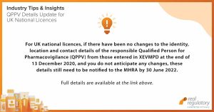 For UK national licences, if there have been no changes to the identity, location and contact details of the responsible QPPV from those entered in XEVMPD at the end of 13 December 2020, and you do not anticipate any changes, these details still need to be notified to the MHRA by 30 June 2022. Full details are available at: https://www.gov.uk/guidance/guidance-on-qualified-person-responsible-for-pharmacovigilance-qppv-including-pharmacovigilance-system-master-files-psmf#notification-of-qppv-and-psmf-details-to-the-mhra-by-existing-holders-of-uk-marketing-authorisations.