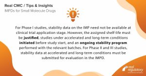 For Phase I studies, stability data on the IMP need not be available at clinical trial application stage. However, the assigned shelf-life must be justified, studies under accelerated and long-term conditions initiated before study start, and an ongoing stability program performed with the relevant batches. For Phase II and III studies, stability data at accelerated and long-term conditions must be submitted for evaluation in the IMPD.