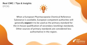 When a European Pharmacopoeia Chemical Reference Substance is available, European competent authorites will generally expect it to be used as the primary standard for the in-house qualification of secondary (working) standards. Other sources of primary standards are considered less authoritative in the region.