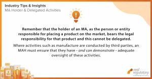 Remember that the holder of an MA, as the person or entity responsible for placing a product on the market, bears the legal responsibility for that product and this cannot be delegated. Where activities such as manufacture are conducted by third parties, an MAH must ensure that they have - and can demonstrate - adequate oversight of these activities.